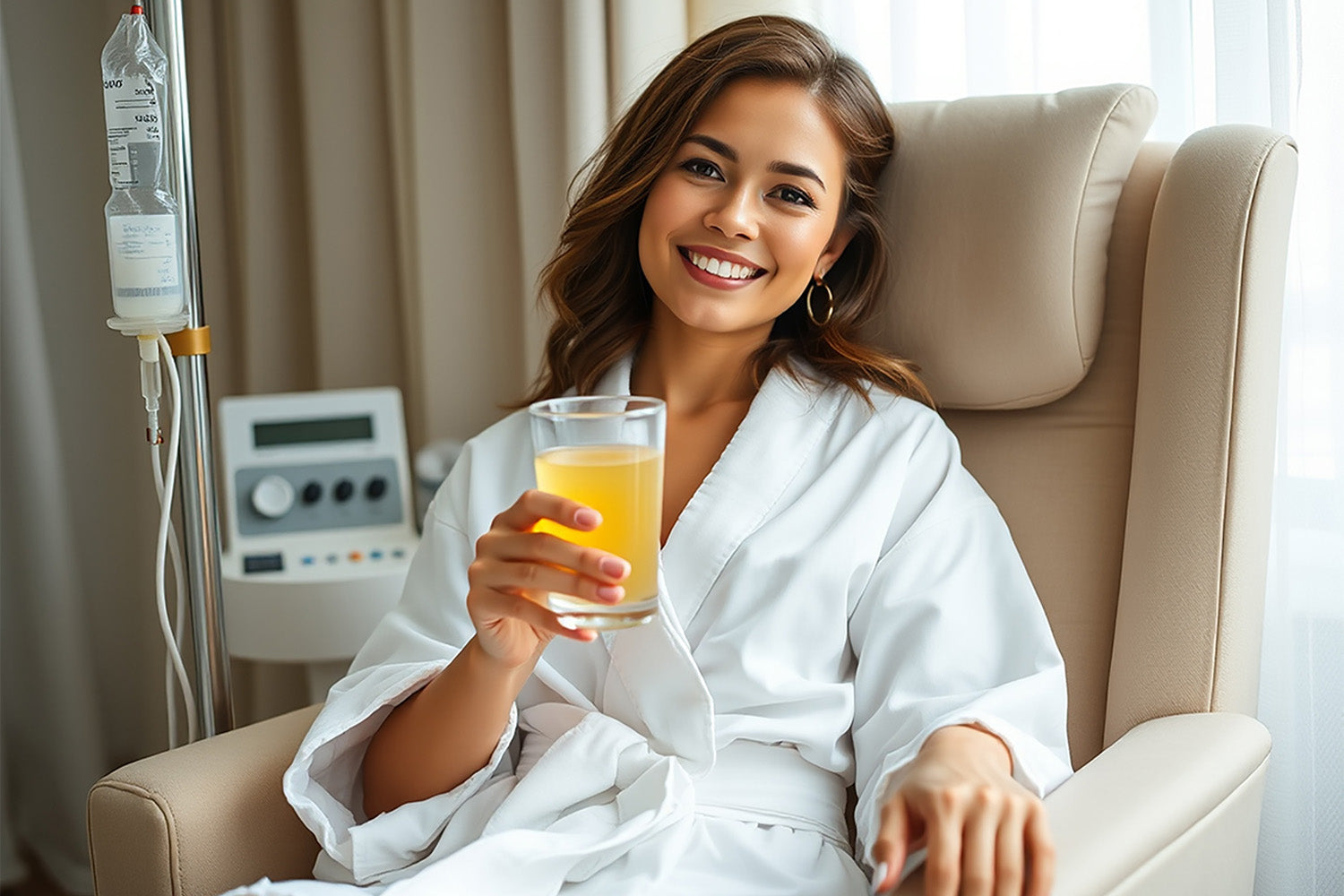 Mujer sonriente en bata sentada sujetando un jugo de naranja.