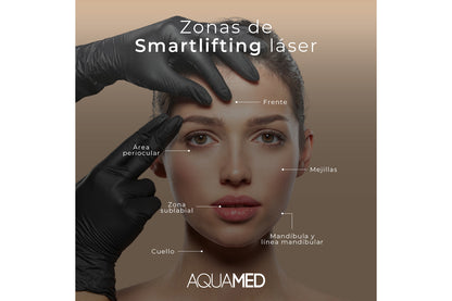 Imagen de un rostro con información escrita encima que señala las zonas dónde se realiza el smartlifting láser: frente, área periocular, mejillas, zona sublabial, mandíbula y línea mandibular, cuello. 