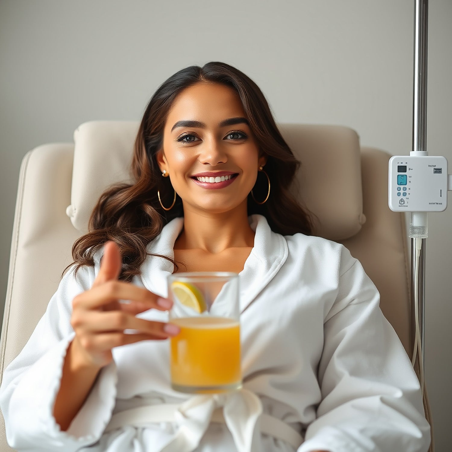 Mujer sonriente en bata sentada sujetando un jugo de naranja. 