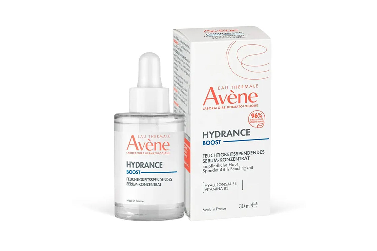 Envase del serum Hydrance Boost de Avene y su caja.