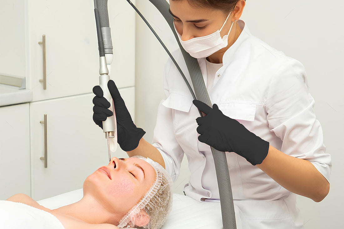 Mujer recibiendo un tratamiento láser en su rostro.