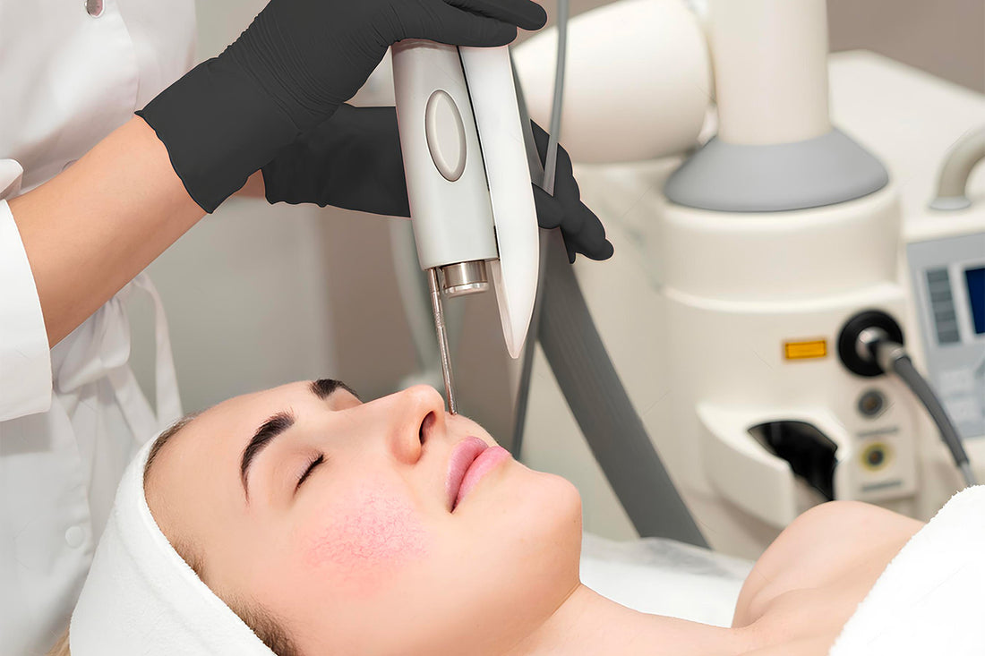 Mujer recibiendo un tratamiento láser en su rostro.